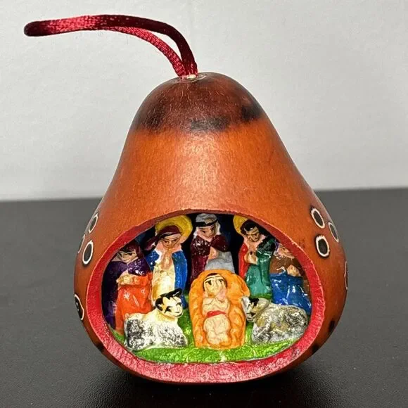 Christmas Ornament Carved Gourd Nativity Folk Art 2.5” Manger Scene Christian - Picture 1 of 9